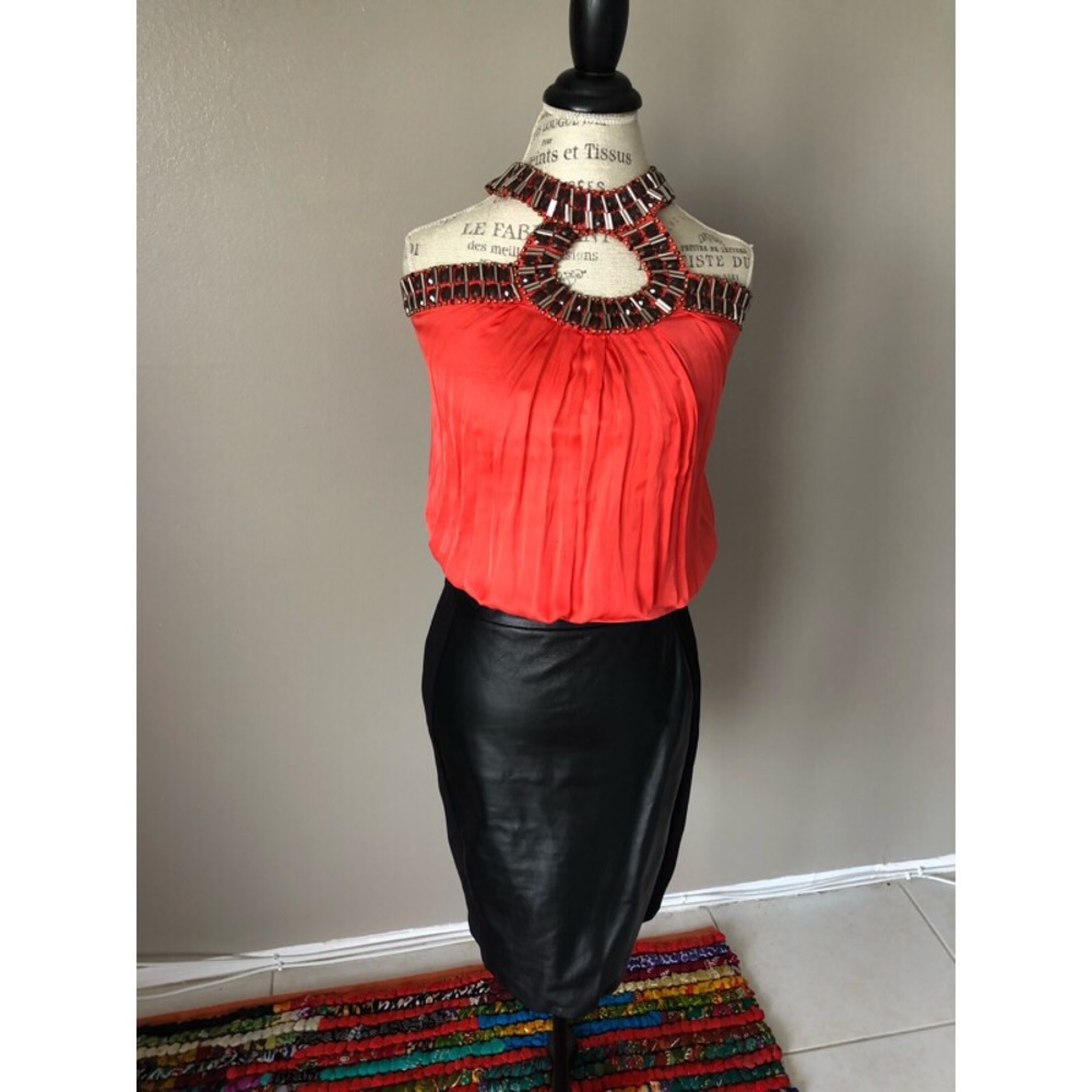 BEBE ORNATE JEWELED RED TOP SZ S OFFICE